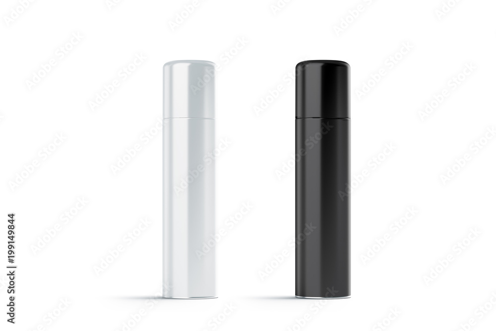 Blank white and black closed hairspray bottle mockup set, 3d rendering. Empty aerosol mock up isolated. Clear metallic deodorant template