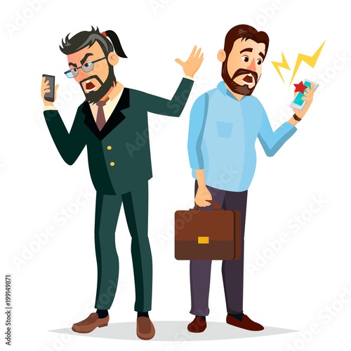 Boss Shouting On Phone Vector. Screaming, Problem, Quarrel Concept. Boss In Action. Talking To Each Other. Environment Process. Isolated Flat Cartoon Business Character Illustration