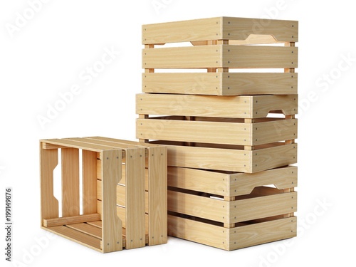 Fototapet Wooden crates stack isolated on white background 3d rendering