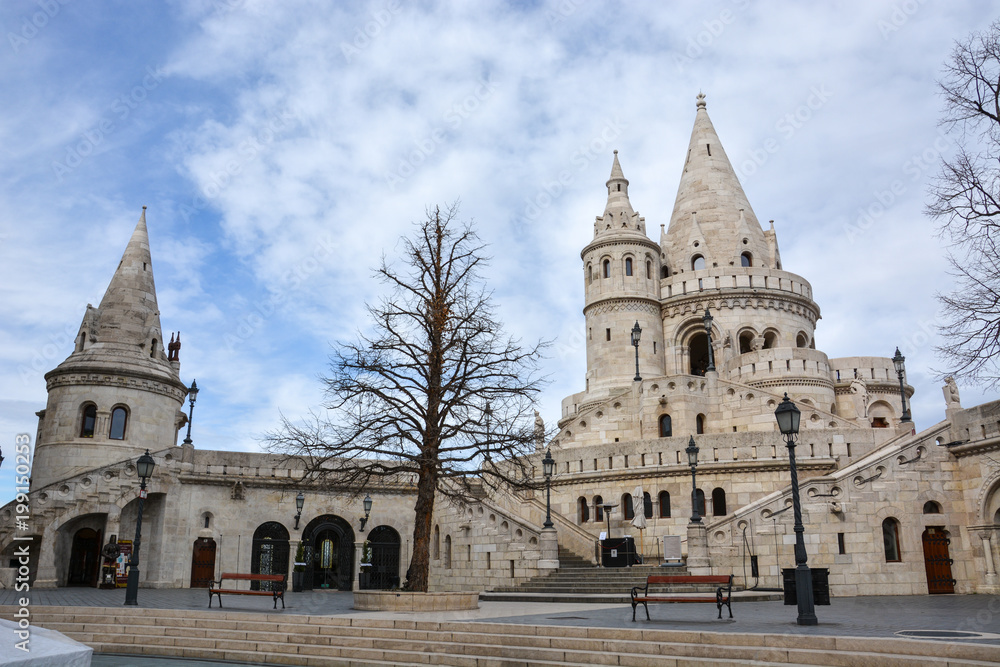 Fishermans bastion in Budapest with blue sky