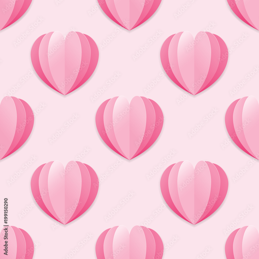 Seamless background of paper pink hearts. Romantic Symbol of love. Creative colorful modern vector illustration. Holiday template for Valentine's day, greeting card, flyer, poster design.