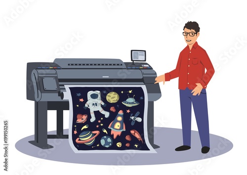 A man prints on a large-format plotter. Printing worker. Vector illustration, isolated on white background.