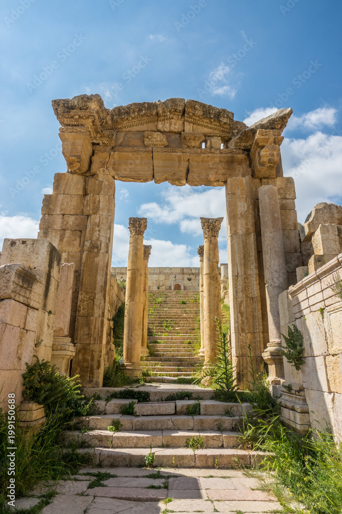 Jerash historic ruins stairs and colums detail