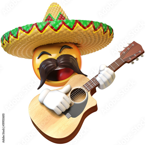 Mexican emoji playing guitar isolated on white background, emoticon mariachi  with sombrero and mustache 3d rendering Illustration Stock | Adobe Stock