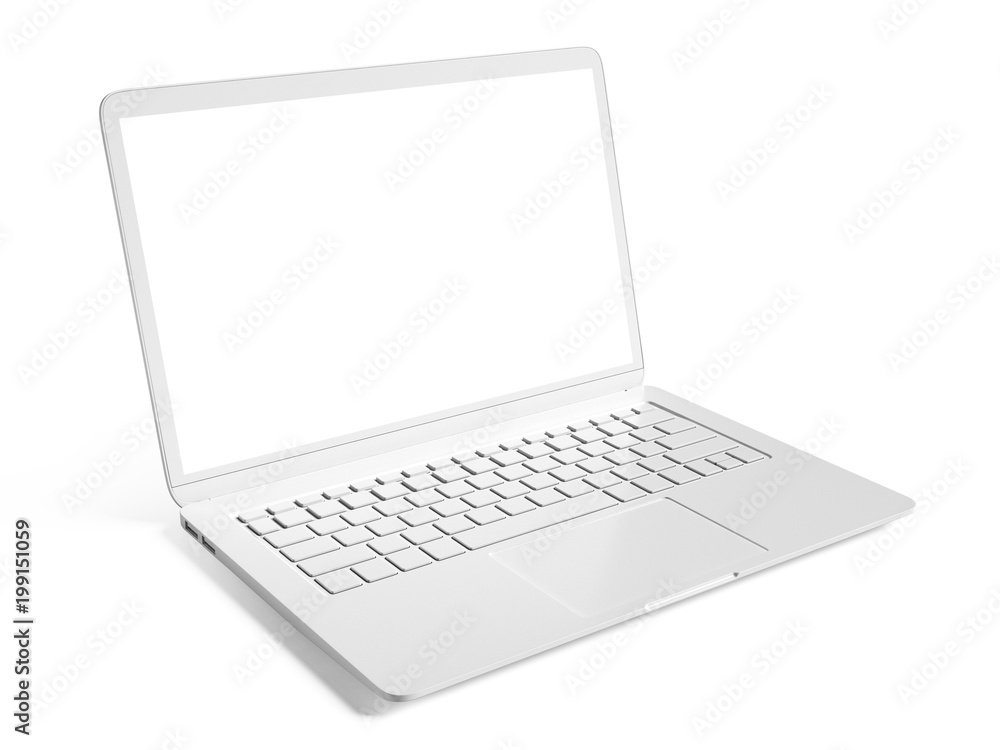 Blank white laptop with copy space isolated on white background 3d rendering - obrazy, fototapety, plakaty 