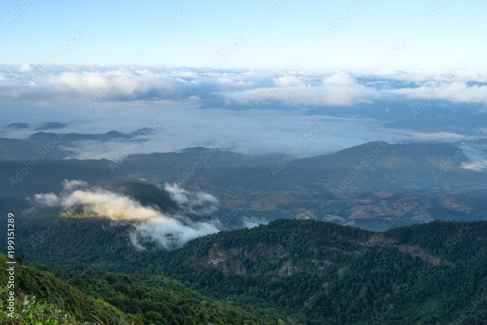 scenic of morning on hill and fog with sun light and cloud scenic of morning on hill and fog with sun light and cloud