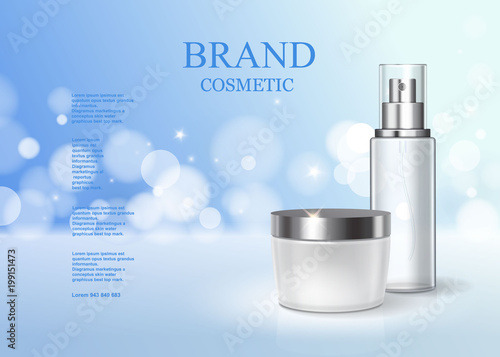 Moisturizing cosmetic products ad light blue sparkling background. Skin care product poster