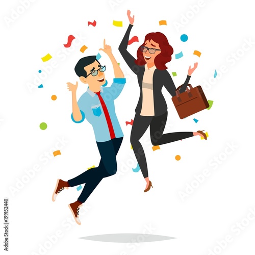 Business Couple Jumping Vector. Man And Woman. Entrepreneurship, Accomplishment. Best Worker, Achiever. Modern Office Employee, Manager Celebrating Success. Isolated Cartoon Character Illustration