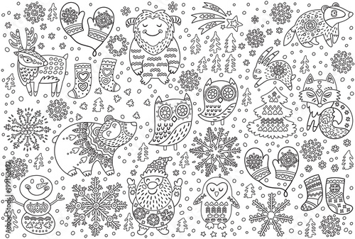 Fototapeta Naklejka Na Ścianę i Meble -  Winter print of decorative fancy animals in the snow. Contour vector illustration ideal for coloring print