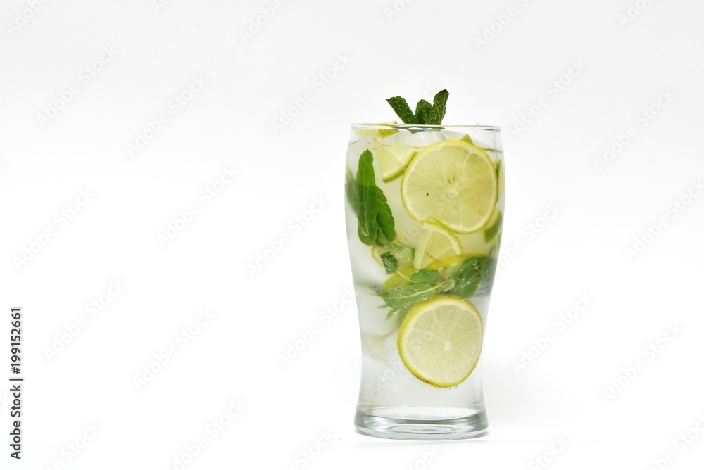 Fresh and cold mahito cocktail on a white background Fresh and cold mahito cocktail on a white background