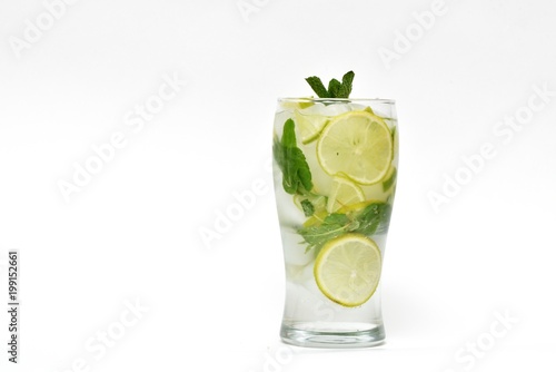 Fresh and cold mahito cocktail on a white background