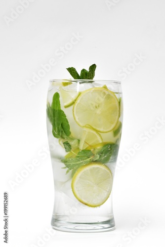 Fresh and cold mahito cocktail on a white background
