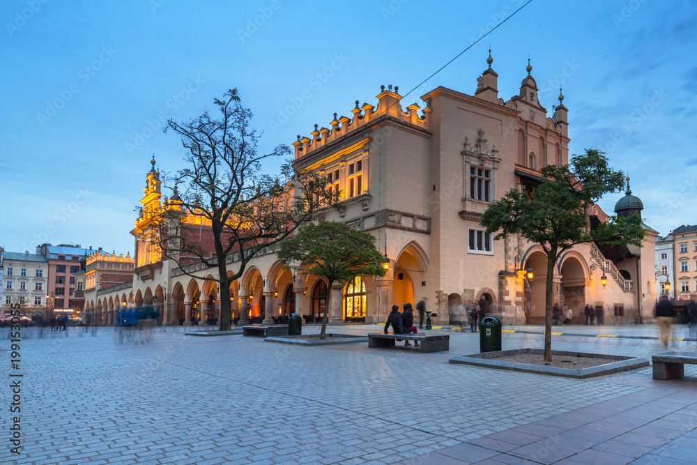 Architecture of the old town in Krakow at dusk, Poland. 