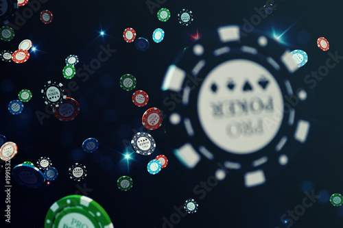 3D illustration Falling casino chips with shiny background. Casino concept, Poker chips