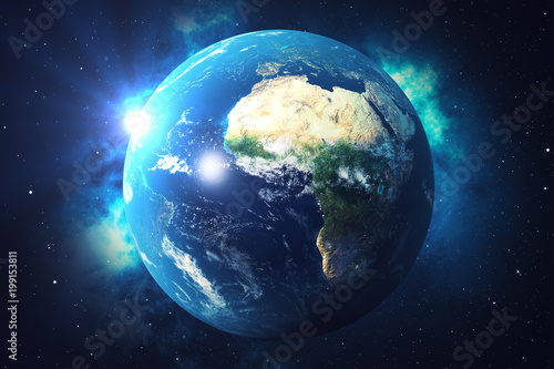 Fototapeta Naklejka Na Ścianę i Meble -  3D Rendering World Globe. Earth Globe with Backdrop Stars and Nebula. Earth, Galaxy and Sun From Space. Blue Sunrise. Elements of this image furnished by NASA.