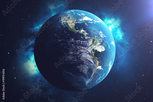 Fototapeta Naklejka Na Ścianę i Meble -  3D Rendering World Globe from Space in a Star Field Showing Night Sky With Stars and Nebula. View of Earth From Space. Elements of this image furnished by NASA.