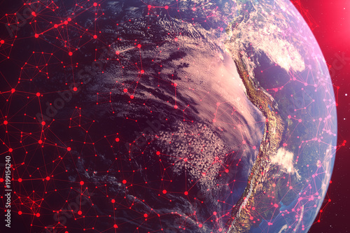 Fototapeta Naklejka Na Ścianę i Meble -  3D rendering Network and data exchange over planet earth in space. The concept of contamination of the earth by a deadly virus. The concept of hacking the network and data exchange, Earth is in danger