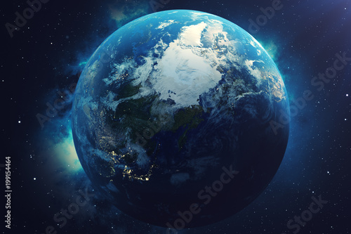 3D Rendering World Globe. Earth Globe with Backdrop Stars and Nebula. Earth, Galaxy and Sun From Space. Blue Sunrise. Elements of this image furnished by NASA.