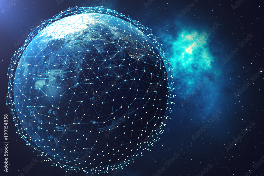 3D rendering Network and data exchange over planet earth in space. Connection lines Around Earth Globe. Global International Connectivity. Elements of this image furnished by NASA 3D rendering Network and data exchange over planet earth in space. Connection lines Around Earth Globe. Global International Connectivity. Elements of this image furnished by NASA