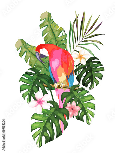 Exotic summer print with parrot  and tropical leaves. Isolated vector illustration on white background