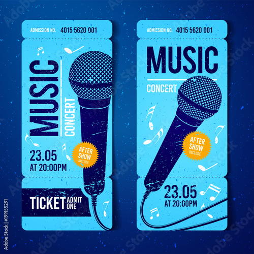 vector illustration blue music concert ticket design template with microphone and cool grunge effects in the background