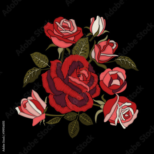 Red roses embroidery on black background. Satin stitch imitation, vector. Element for textile design. photo