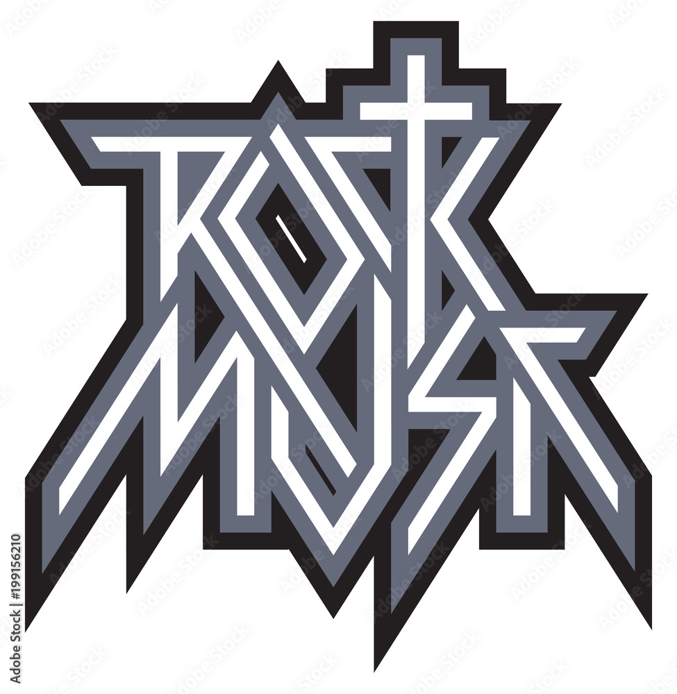 Rock Music - vector logo, emblem, label, badge or design element with cross and lightning isolated on white background. Creative lettering for t-shirt in modern style Rock Music - vector logo, emblem, label, badge or design element with cross and lightning isolated on white background. Creative lettering for t-shirt in modern style