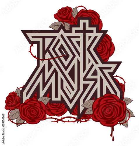 Rock music - vector logo, emblem, label, badge or design element with cross, red roses, barbed wire and blood drips. Creative lettering for t-shirt in modern style isolated on white background