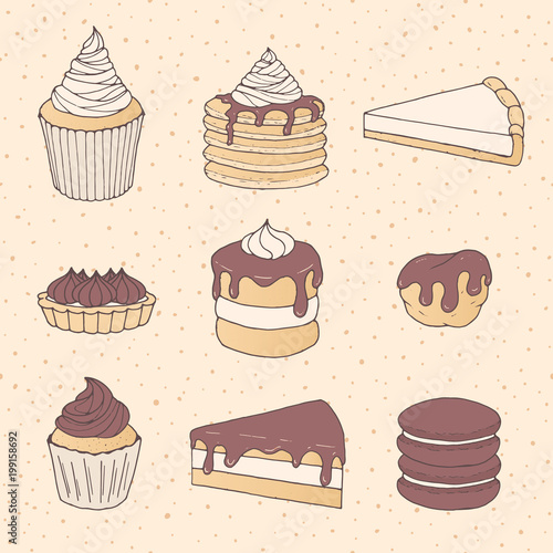 Hand drawn vector pastry set with cake and pie pieces, cupcakes, macarons and eclairs covered with chocolate. Sweets on the dotted background.