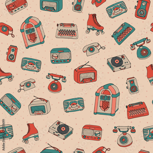 Vector retro seamless pattern with antique tech, scooter, juke box, radio, typewriter, roller skates and vinyl record player on the dotted background. Hand drawn vintage objects. 