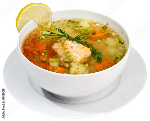Fotografía Fish soup isolated on white with clipping path.