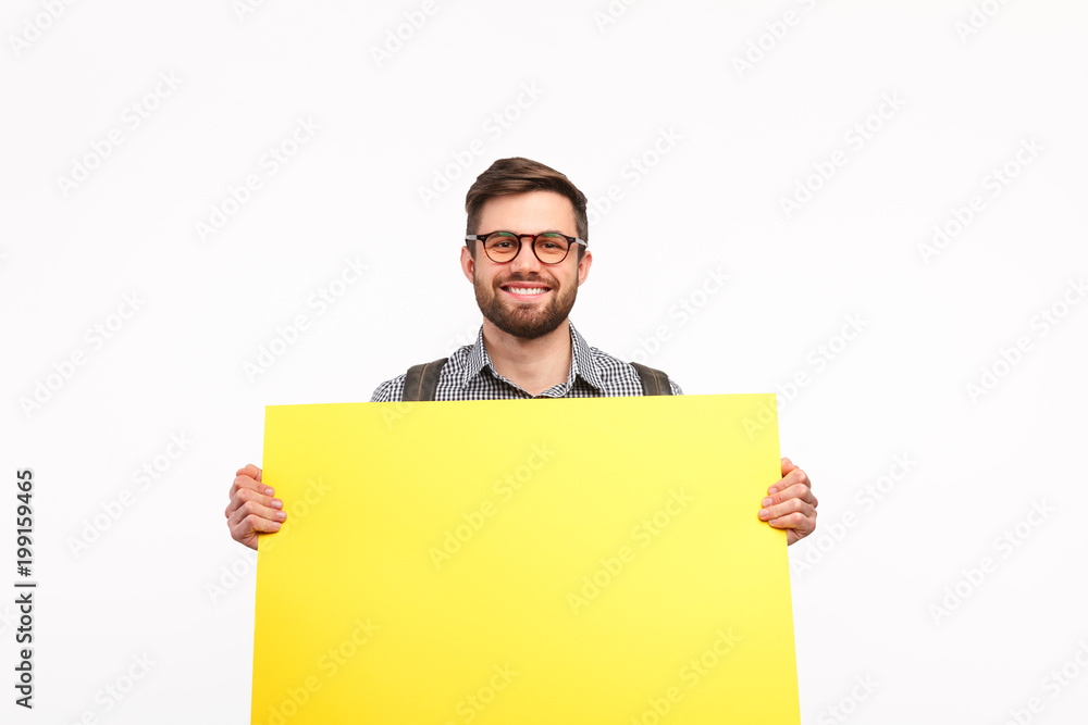 Content man showing clean banner on white