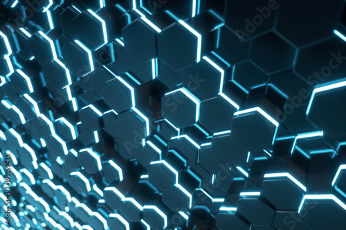 Abstract blue of futuristic surface hexagon pattern with light rays  3D Rendering