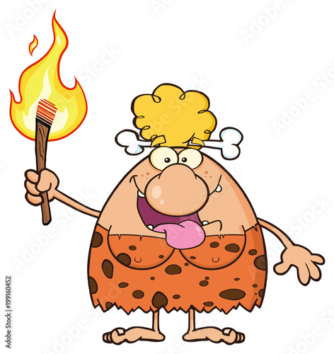 Smiling Cave Woman Cartoon Mascot Character Holding Up A Fiery Torch. Illustration Isolated On White Background
