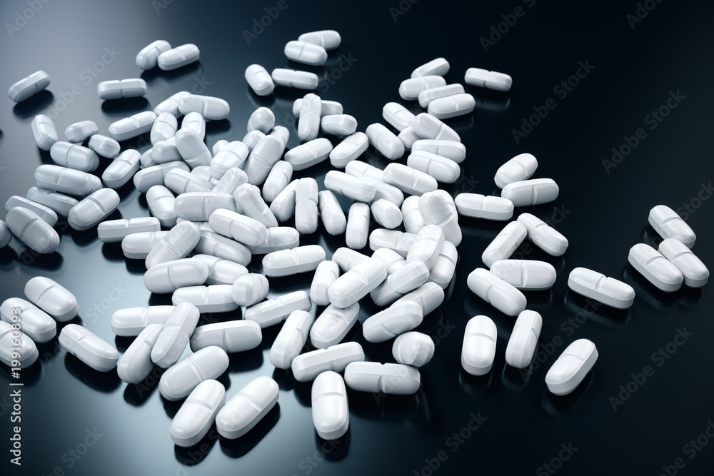 3D rendering pills, white pills scattered on black background. Medicines for treatment. Pharmaceutical preparation, Medical product 3D rendering pills, white pills scattered on black background. Medicines for treatment. Pharmaceutical preparation, Medical product