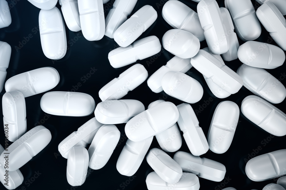 3D rendering pills, white pills scattered on black background. Medicines for treatment, Pharmaceutical preparation. Medical product 3D rendering pills, white pills scattered on black background. Medicines for treatment, Pharmaceutical preparation. Medical product