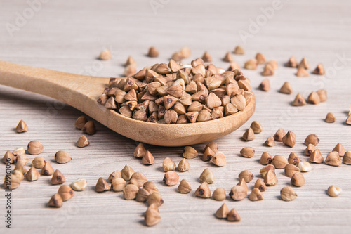 Buckwheat grains close-up. Macro photography. photo