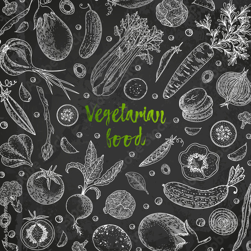 Fresh vegetables. Hand drawn illustration frame with vegetables. Farm market product. Great healthy food design template with vegetables on chalkboard. Great for design menu, recipes, poster.