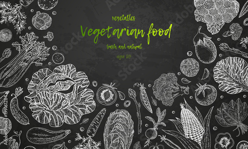 Fresh vegetables. Hand drawn illustration frame with vegetables. Farm market product. Great healthy food design template with vegetables on chalkboard. Great for design menu, recipes, poster.