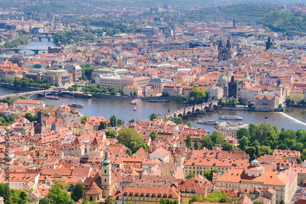 A view from above of the center of Prague. The main tourist attractions, panoramic day view.