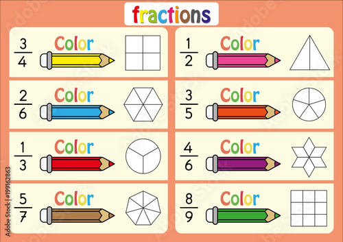 educational, color the parts of the shape that represent each fraction, math worksheet