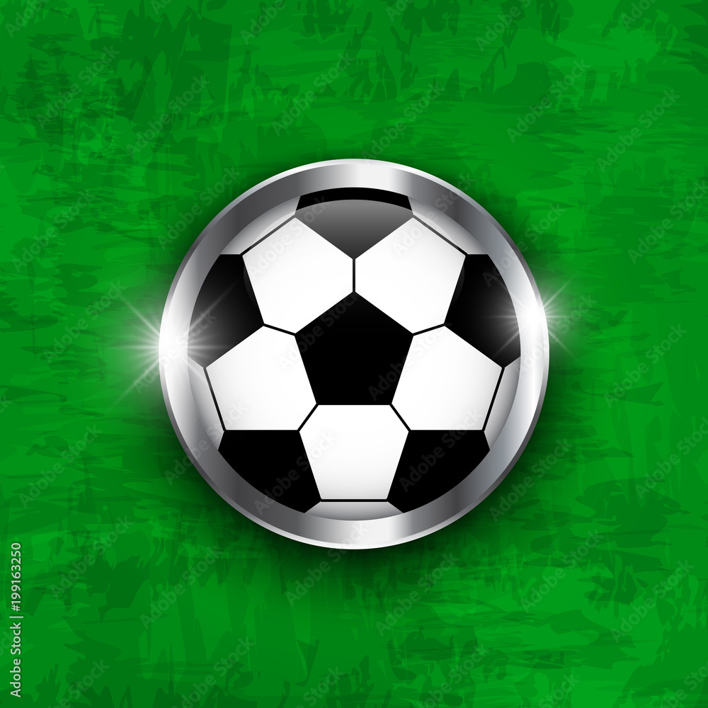 Obraz premium Football icon . Soccer ball with glass covered and metal edge on green color grass texture background . Vector for international world championship tournament