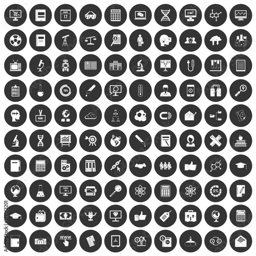 100 analytics icons set black circle