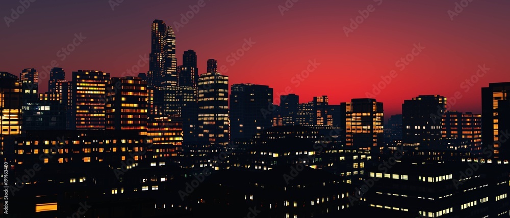 Fototapeta premium modern city at sunset, night cityscape, 3D rendering 