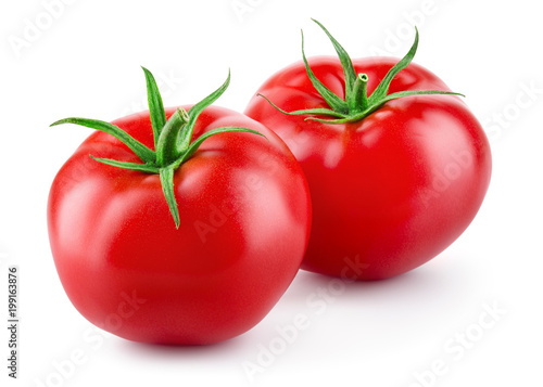 Tomatoes isolated on white background. Two fresh raw vegetables. Full depth of field.