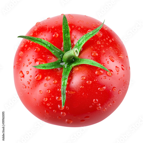 Tomato with drops. Tomato isolated. Top view. With clipping path.