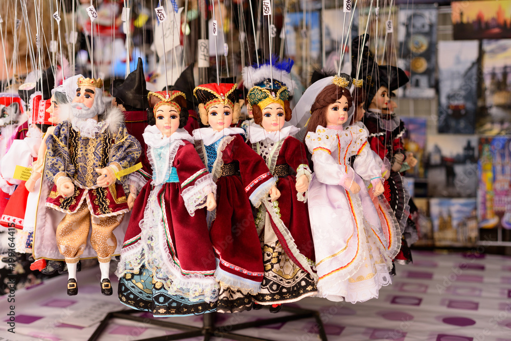 Czech dolls. Tourist souvenirs in the center of Prague.
