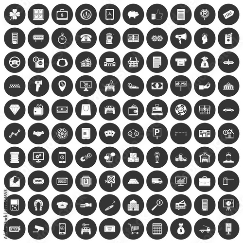 100 coin icons set black circle