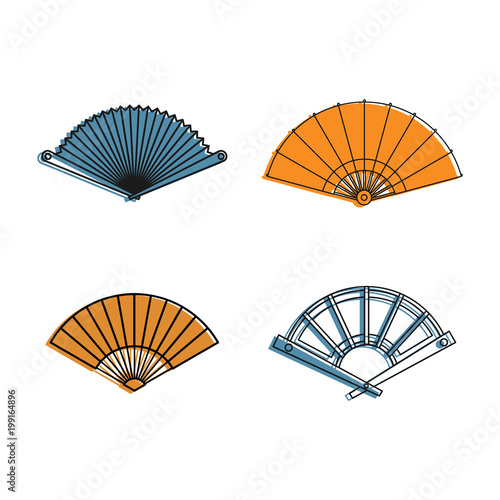 Hand fan icon set  color outline style