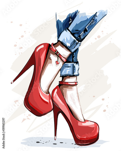 Hand drawn beautiful red shoes with high heels. Fashion accessories. Stylish women shoes. Sketch.